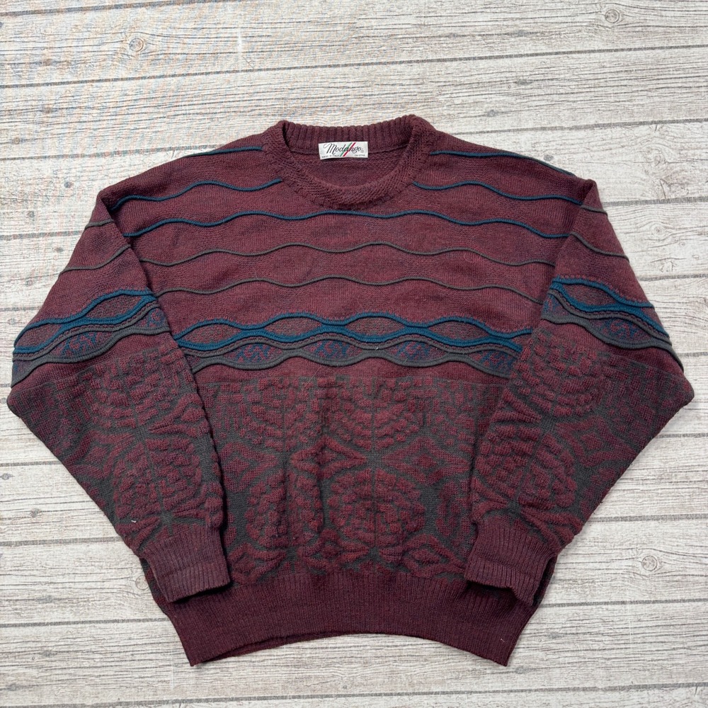Vintage Modango Sweater Men's XL Burgundy Cable Knit Coogi Style Pullover Italy
